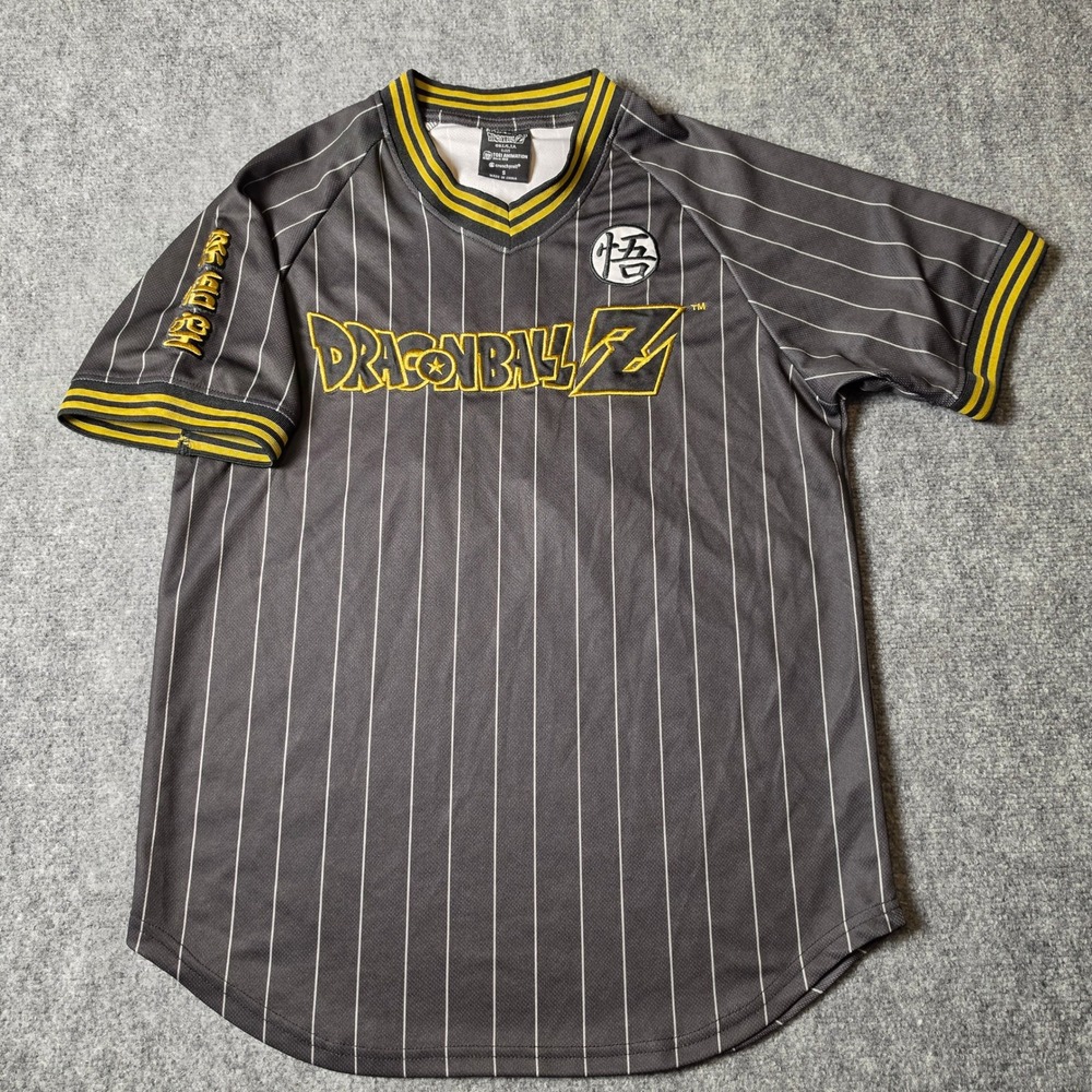 BoxLunch Dragon Ball Z Goku Baseball Jersey Grey Pinstripe Mens Small Embroidery